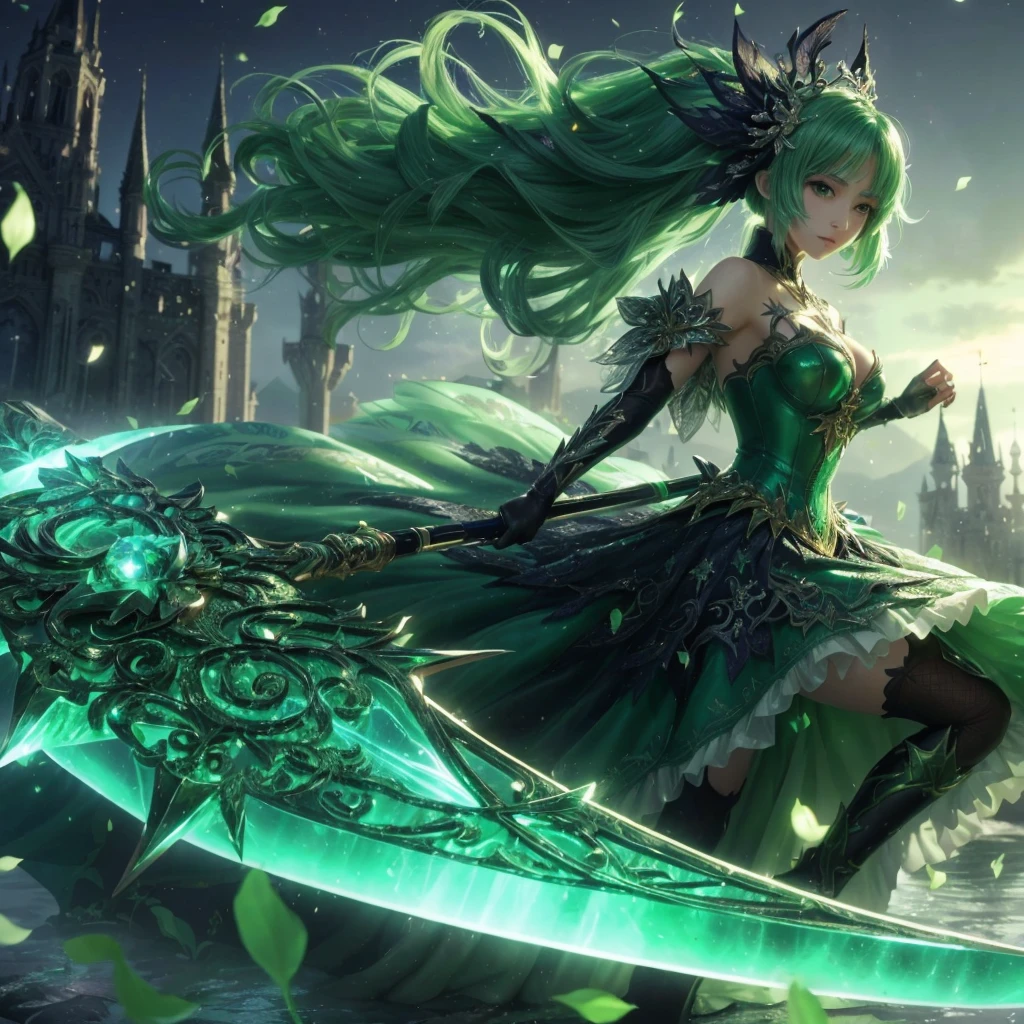 uma mulher com um vestido verde segurando uma espada na frente de um castelo, arte de fantasia de anime, belo anime de fantasia, Shadowverso style, epic anime art, glowing green soul blade, epic anime fantasy, Arte detalhada do anime principal, Shadowverso, anime fantasy illustration, papel de parede de arte de anime 4k, Papel de parede de arte anime 4k, 2. 5 d cgi arte de fantasia de anime