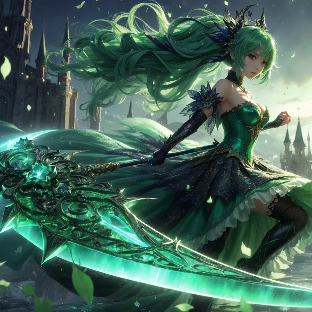uma mulher com um vestido verde segurando uma espada na frente de um castelo, arte de fantasia de anime, belo anime de fantasia, Shadowverso style, epic anime art, glowing green soul blade, epic anime fantasy, Arte detalhada do anime principal, Shadowverso, anime fantasy illustration, papel de parede de arte de anime 4k, Papel de parede de arte anime 4k, 2. 5 d cgi arte de fantasia de anime