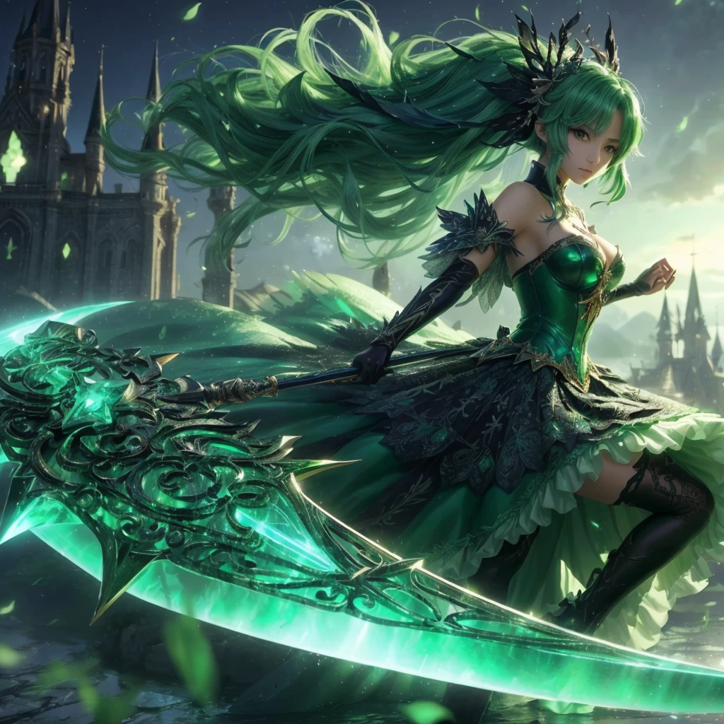 uma mulher com um vestido verde segurando uma espada na frente de um castelo, arte de fantasia de anime, belo anime de fantasia, Shadowverso style, epic anime art, glowing green soul blade, epic anime fantasy, Arte detalhada do anime principal, Shadowverso, anime fantasy illustration, papel de parede de arte de anime 4k, Papel de parede de arte anime 4k, 2. 5 d cgi arte de fantasia de anime