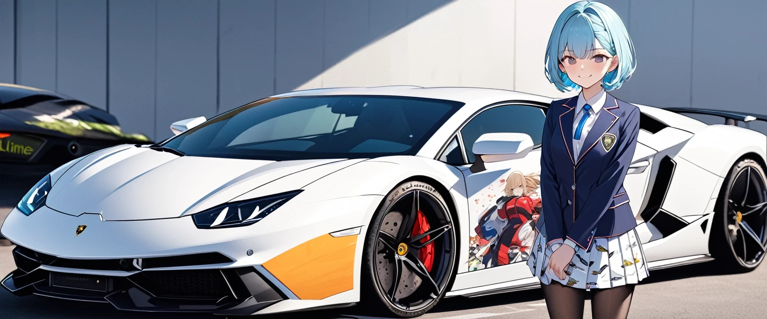 (Highest quality、Very detailed、Very detailed and beautiful、Ultra-high resolution) 、((A sports car with an anime girl printed on the hood))、((Lamborghini)), Blue-haired high school girl print、{Light Hair、Short Bob Hair}, ,{Dark Blue Blazer、White shirt、Blue ribbon、White pleated skirt、pantyhose}、smile
