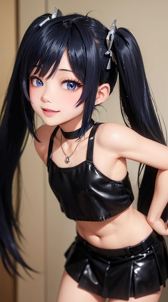  (masterpiece:1.3), (Best Quality:1.3), (Ultra-detailed:1.2), ((kawaii)), Cute, (lovely), ((sexy)), ((Extremely detailed)), 4K, (8K), Best Quality, (Beautiful), Illustration, anime style, (bold line:1.2), Gradation, looking at viewer, //, (bent down:1.1), (arms behind back), //, a cute girl, 1girl, (solo:1.2), gleaming skin, //, (flat chested), (Perfect eyes:1.2), (Perfect iris:1.2), //, darkblue hair color, (beautiful eyes) //, (half closed eyes:1.3), (sexual expression:1.2), Fascinated expression, smile, (blush:1.2), //, modern city background, on rock, twin tails, muscle girl, hard abs, exposed abs, NECKLACE, tight blouse, skirt