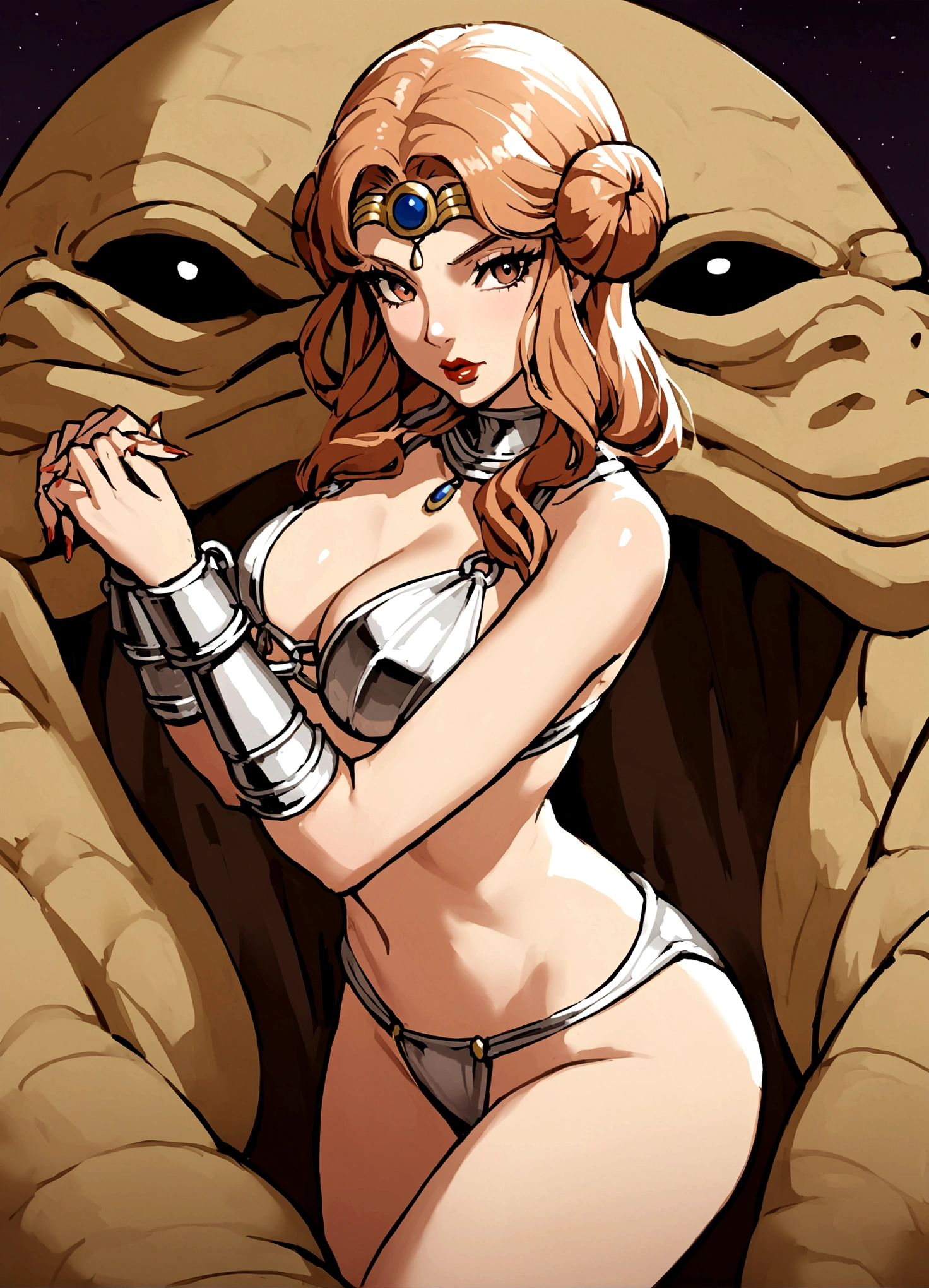 Taylor Swift (age 25) in the role of Princess Leia, trapped in Jabba's harem, wearing her iconic metal bikini slave outfit, sultry poses, chained to Jabba