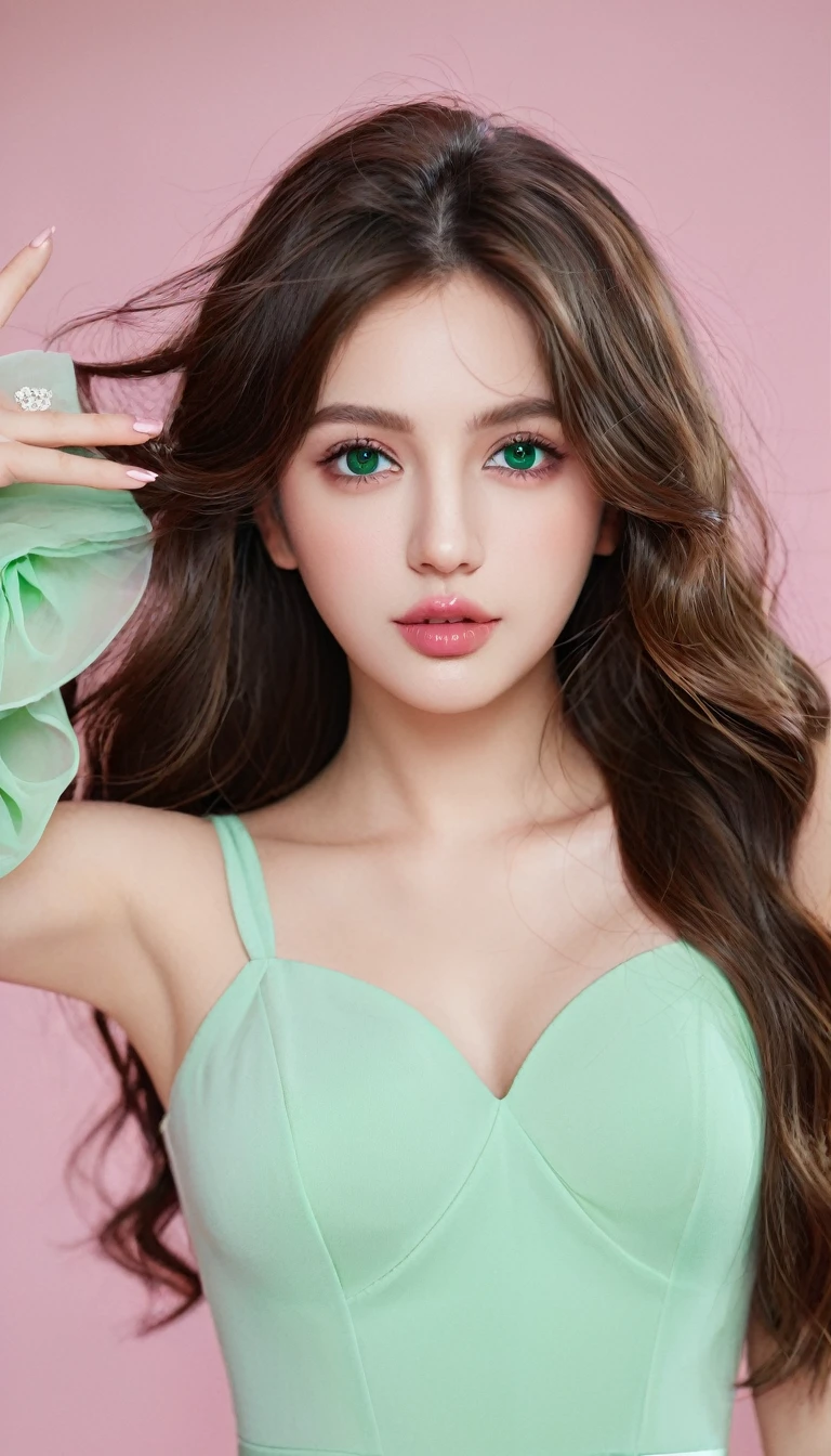 Long wavy hair, Brown hair, 1 Girl, Emerald eyes, Wave with two fingers, Pink lips, Light green dress,