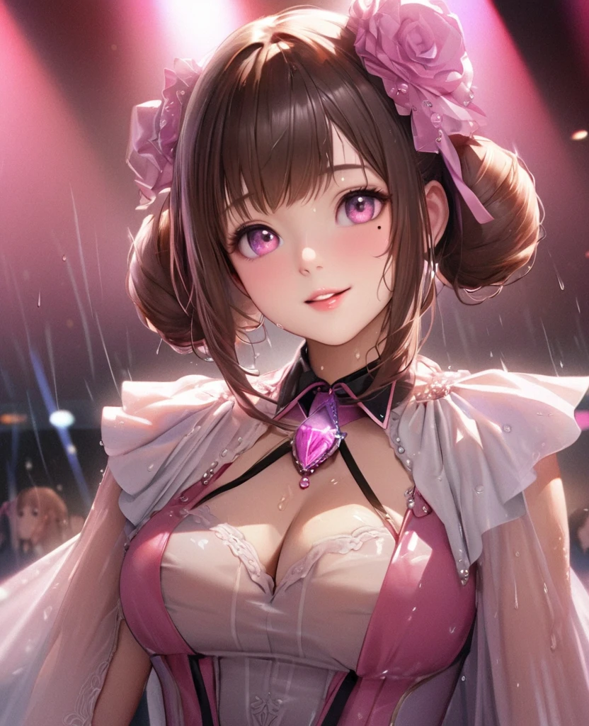 One Girl、Looking at the audience、lovely,
Beautiful pink eyes、Two brown double hair buns , Mole under the eye、Plump and glossy lips、Heart-shaped choca、Idol、Her name is May,smile、ー、。.。.。.。.。.。.。.。.。.。.。.。.。.。.。.。.。.。.3D、Realistic、
The idol's costume was soaked in the heavy rain, and her chest was wet and transparent.Heavy rain at outdoor concert, Drape clothes、gem、The decoration has been removed、Floral、Lace trim,On a glittering stage、
masterpiece、highest quality、8k、Detailed skin texture、Detailed cloth texture、Beautifully detailed face、Intricate details、Very detailed、
超A high resolution、8k Ultra HD、Film Grain、Best Shadow、delicate、Gazing at the audience、front