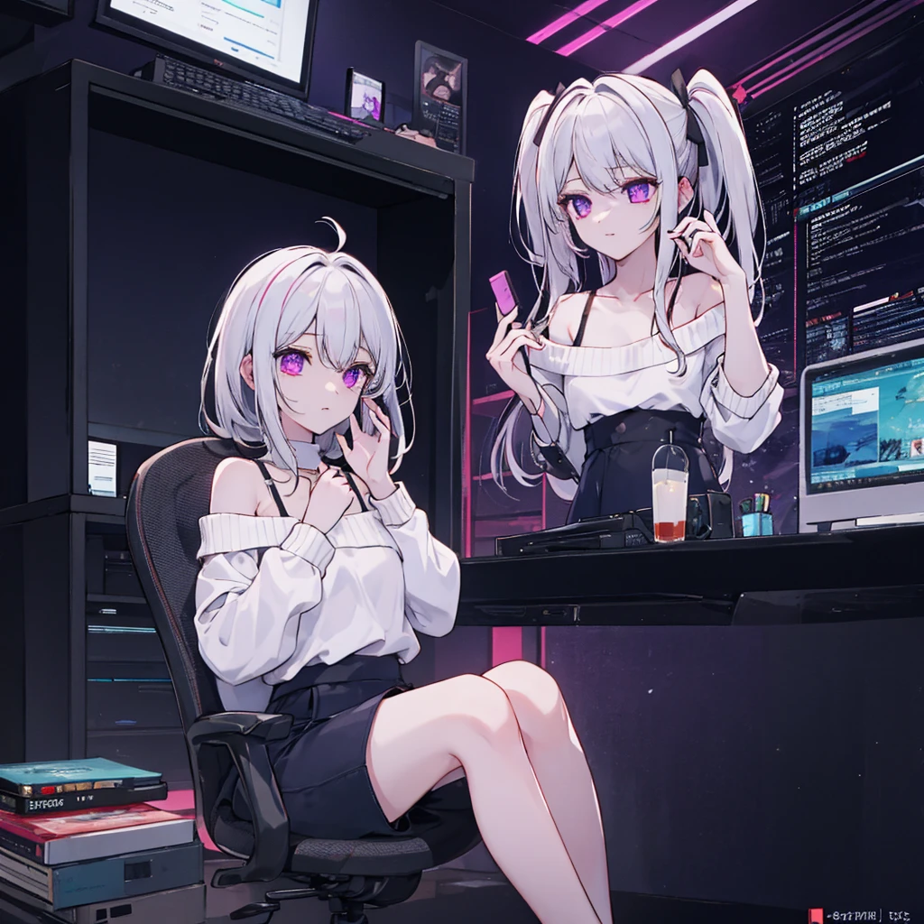 ((Best quality)), ((masterpiece)), (detailed), 1 girl, short off-shoulder sweater, attractive girl, slender legs, Violet eyes, albino, night time, white-haired, full length, your eyes are like two cursors - blinking on your face You are beautiful like my Pentium,
You're slim like Big Tower,
Как Corel Draw неотразима,
How stacked your chest is full.
Kak multimedia ty slavna,
Proud as a company IBM,
How a CD-ROM is always welcome,
As beautiful as my modem.
Your eyes are like two cursors blinking on your face.
I swear to you by the monitor - I need you as COMMAND.COM I swear to you by the keyboard,
I swear by MS-DOS,
That I'm happy, when I caress the binary beat of your hair.
I swear on the drive head,
What if you tell me "yes",
I wouldn't trade your eyes for anything SVGA.
And if I break my oath,
Let my processor burn out,
Let the system not boot,
And my hard drive will fly.
Let them disconnect from the INTERNET and let the RESET button go down,
Let RAM give no answer And Doctor Weber erase everything!