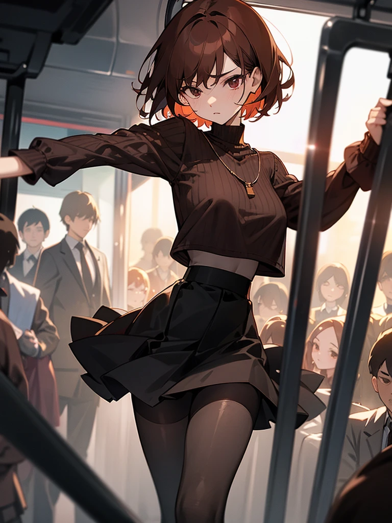 horikoshi kouhei, 1girl, :d, absurd, arms behind back, bangs, blush, boku no hero academia, breasts, brown eyes, brown hair, fengling (furin-jp), highres, looking at viewer, medium breasts, mouth open, pantyhose, bikini, short hair, sidelocks, smile, solo, standing, uraraka ochako, red from embarrassment, in public, small red bikini, micro bikini, walking in public, surrounded by people, micro bikini, people picking her ass, people groping her ass