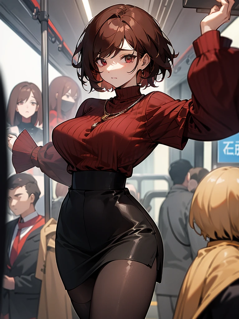Reddish brown short length hair、Black high neck waffle knit top、Flared sleeves、Tight Skirt、Black Stockings、necklace、tits、slender、In a crowded train、Messed up