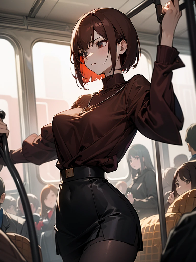 Reddish brown short length hair、Black high neck waffle knit top、Flared sleeves、Tight Skirt、Black Stockings、necklace、tits、slender、In a crowded train、Messed up