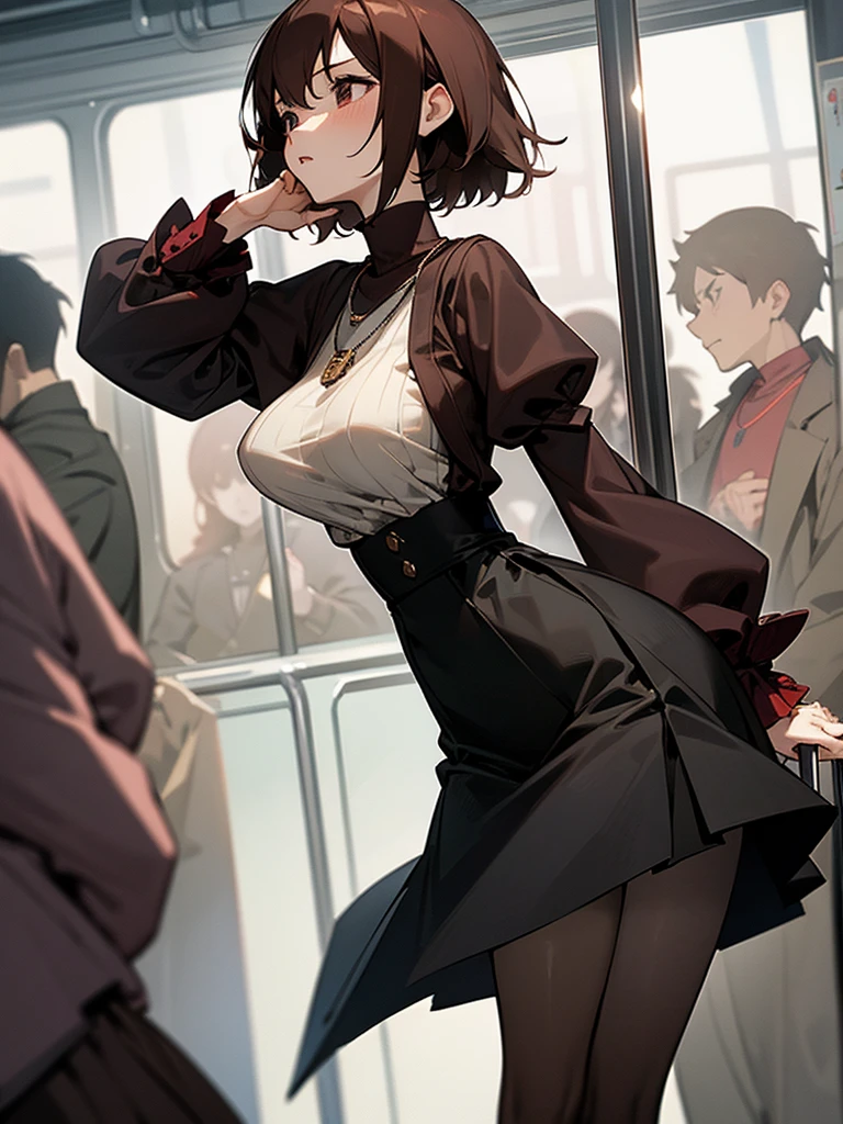 Reddish brown short length hair、Black high neck waffle knit top、Flared sleeves、Tight Skirt、Black Stockings、necklace、tits、slender、In a crowded train、Messed up