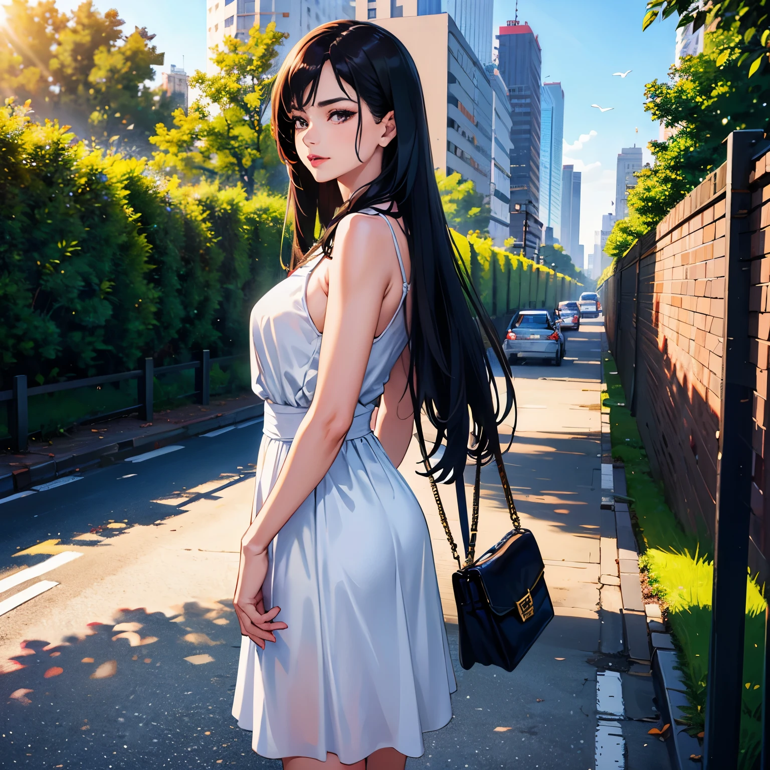 masterpiece, Top quality, Super Detail, 1 female in her 40s, Beautiful and elegant, Residential area, Fence, Spindle tree, Afternoon Sunshine, After school, Set, handbag, Birds, from the side, Depth of Field