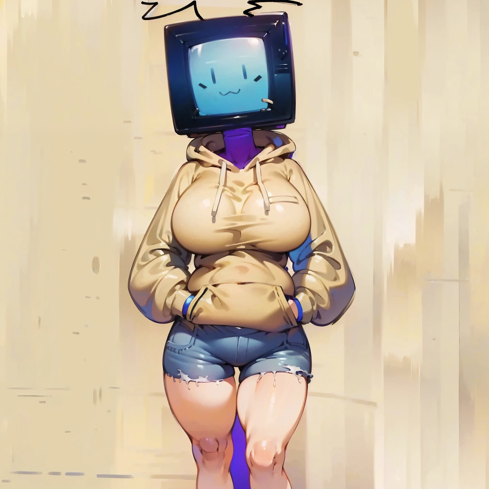 1woman, ((monitor head)), big breast, wide hips, yellow hoodie, denim shorts, ((hands on pockets pose)), ((full body)), ((solo)), ((best quality)), ((masterpiece)), portrait, looking at the camera, from the front, simple background, ((detailed)), ((perfect anatomy)), ((detailed art)), ((high definition)), ((4k)), ((high resolution))