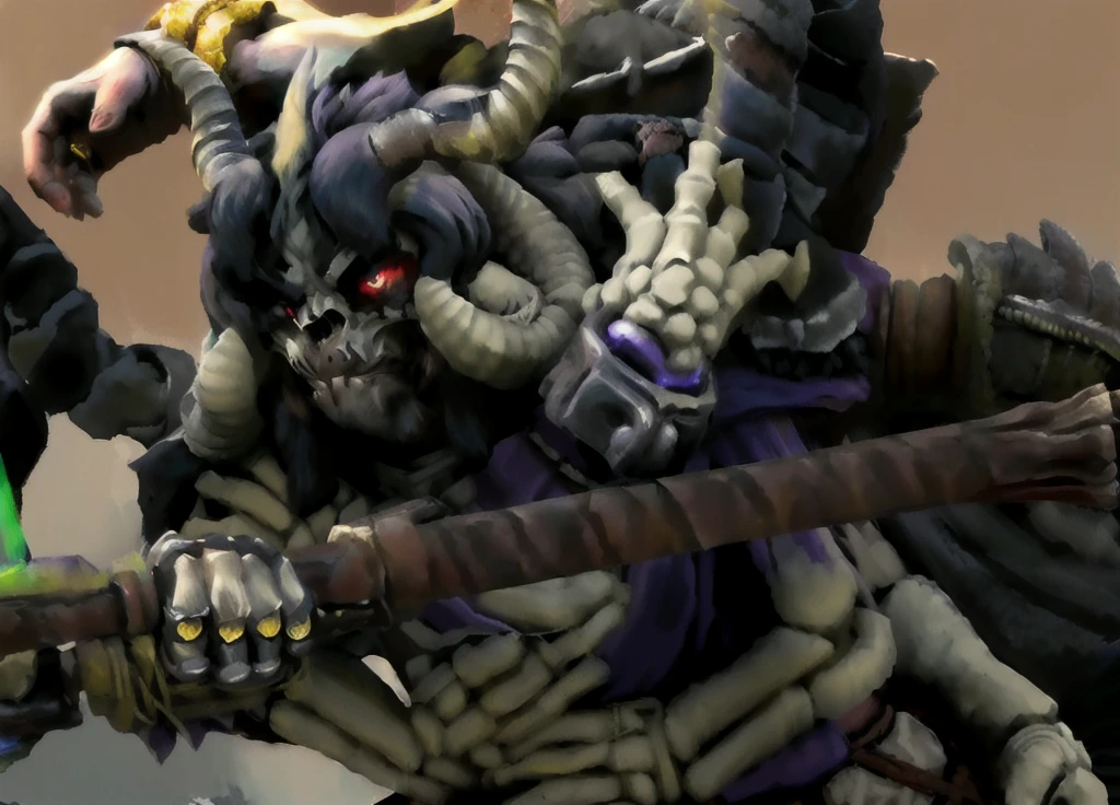 a beastman with horns, detailed bone armor, skull face paint, holding an ornate staff, wearing flowing purple robes, intricate fantasy character, highly detailed, 8k, masterpiece, cinematic lighting, dramatic shadows, vibrant colors, dark fantasy, moody atmosphere