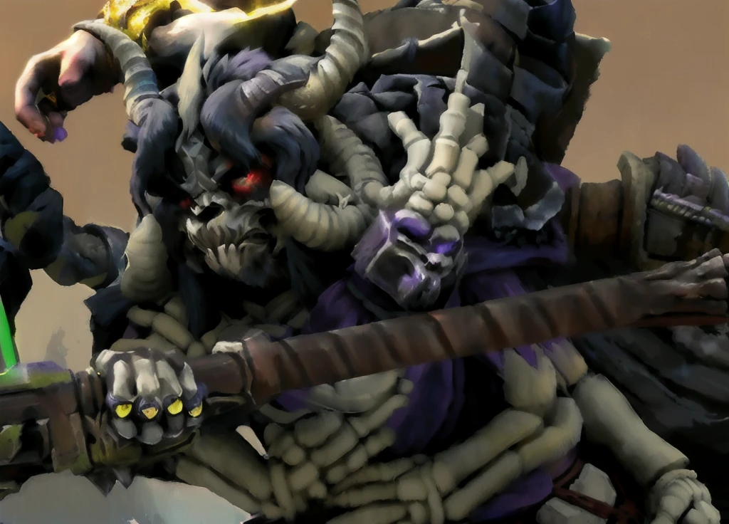 a beastman with horns, detailed bone armor, skull face paint, holding an ornate staff, wearing flowing purple robes, intricate fantasy character, highly detailed, 8k, masterpiece, cinematic lighting, dramatic shadows, vibrant colors, dark fantasy, moody atmosphere