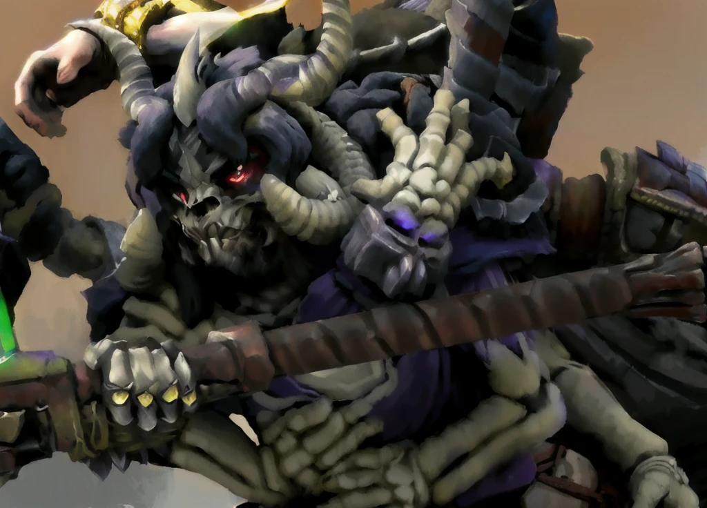 a beastman with horns, detailed bone armor, skull face paint, holding an ornate staff, wearing flowing purple robes, intricate fantasy character, highly detailed, 8k, masterpiece, cinematic lighting, dramatic shadows, vibrant colors, dark fantasy, moody atmosphere