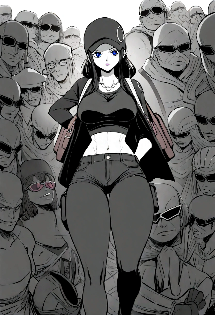 Mujer de one piece; Cabello ondulado con fleco hasta la cintura con dos coletas color azul oscuro; face with small bright blue eyes; labios grandes; nariz perfilada; cuerpo con pecho grande, small waist and wide hips; piel color palido; camiseta crop top hasta mas arriba del ombligo color negro; short azul oscuro; chanclas marrones; small white backpack on the back; kataña inside the dark purple backpack; gafas con marco circular negras; gorro color blanco con puntos negros