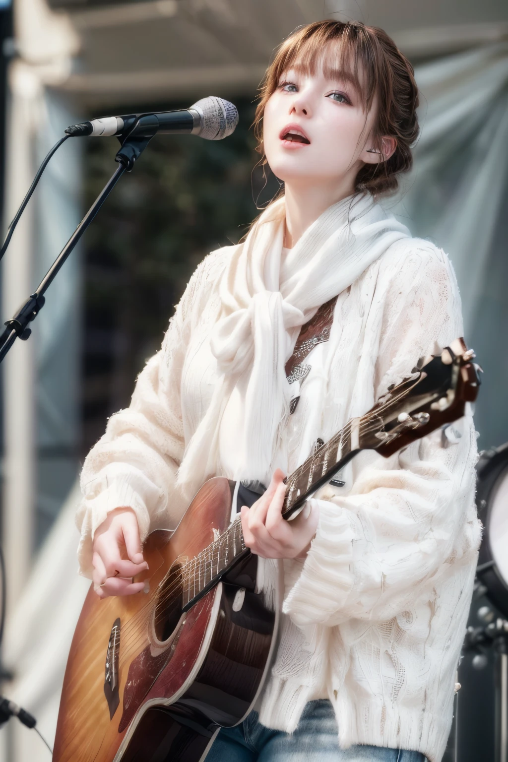 A woman standing in front of a microphone and singing into it while playing the guitar, , Singer-songwriter,, Perform on stage, , Sing for you, , ,,,,Pale milky porcelain skin, Milky skin,, White skin like porcelain,Pure white skin,Smooth transparent white skinSoft Portrait Shot 8k, , Photorealistic perfect body, Real young gravure idol, , Photorealistic Animation, ,,(8K, RAW Photos, Ultra-high resolution, highest quality, masterpiece:1.2), (Realistic illustrations), (Highly detailed CG Unity 8k wallpaper),