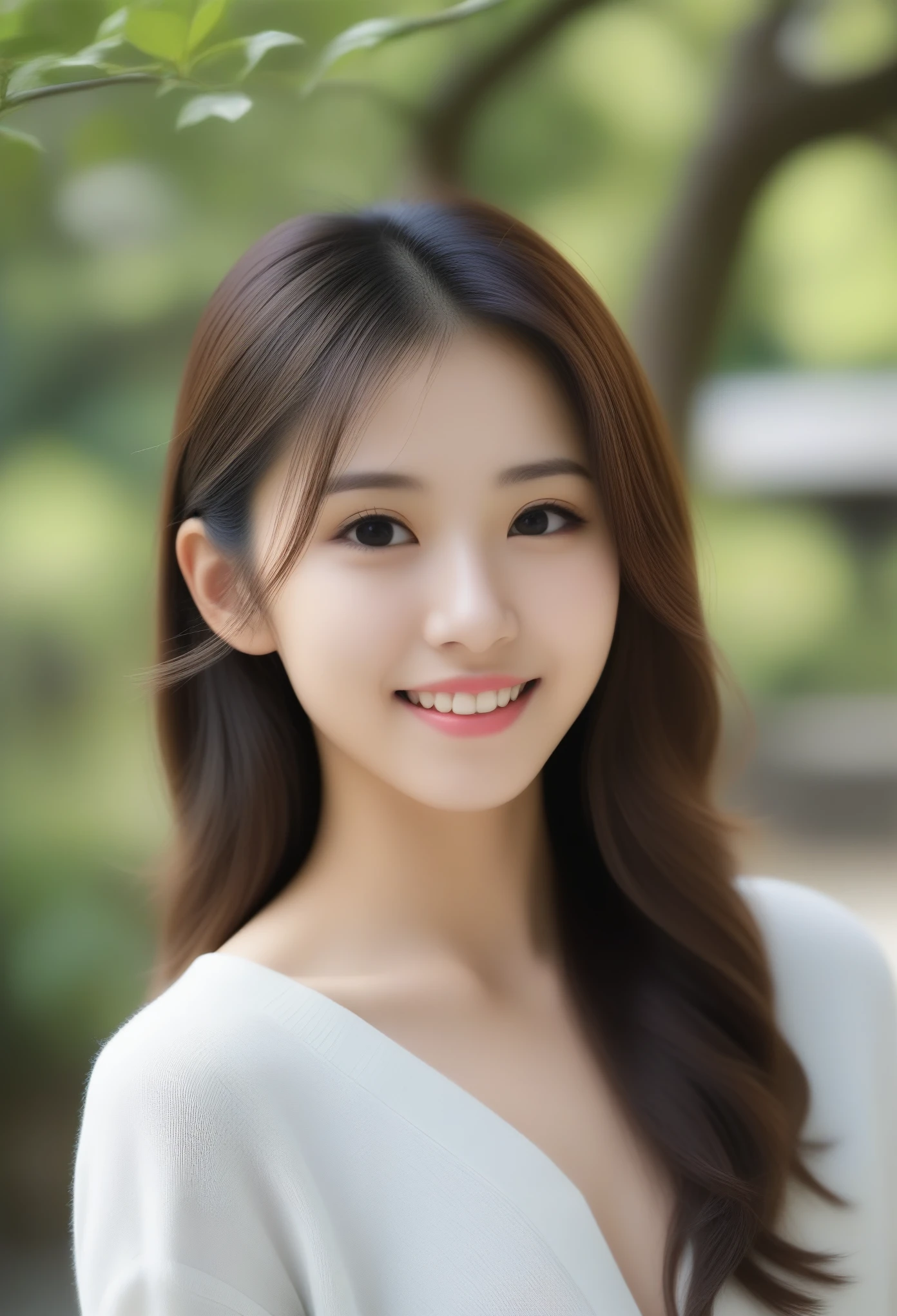 8k, Ultra-high resolution, Highest quality, masterpiece, 三分割法によるphotograph,Surreal, photograph, 1 girl, (:1.3), pretty girl, Cute face, Beautiful eyes in every detail, 細かくdetailedに,masterpiece,, One Girl:1.2, Japan Female Announcer,Young Wife,Urban area,street tree,green,White shirt,cardigan,Summer knitwear,Full of cleanliness,A carefree smile,Healing the heart,Looking at the audience、beauty,Long neck、Laugh a little、Please close your mouth and laugh、(((Ideal body type))),A-cup small breasts :2,、Portraiture:2、Perfect Anatomy、鮮明なdetailed、detailed、Surreal、Light and shadow,Strong light