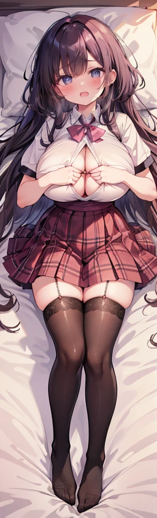 (Highest quality,4K,8k,High resolution,masterpiece:1.2),Highest quality,masterpiece,Detailed face,Masterpiece,Best Quality,(Super Detail),perfect writing, Highly detailed CG,Super detailed,(Highly detailed eyes,Very cute face,Highly detailed face:1.3),Beautiful Anime Girl,(Solo Girl),(Super huge boobs:1.4),(super huge breasts:1.4),(Sensual,Glamorous:1.4),(pink,very Long Hair,wave),(Big light purple eyes),Collared shirt,short sleeve shirt,Pleated skirt,lying on the bed,on back,school tight,pink pillow , pleated skirt, zettai ryouiki,high resolution,heart shaped pupils, plaid skirt, black stocking,claw pose,lie on bed,liying , full body , toe,full body seen,full-face blush,sexual climax,Young features,(:1.4),Elementary school girls,Close one eye, With tears in her eyes and her mouth open,open mouth,