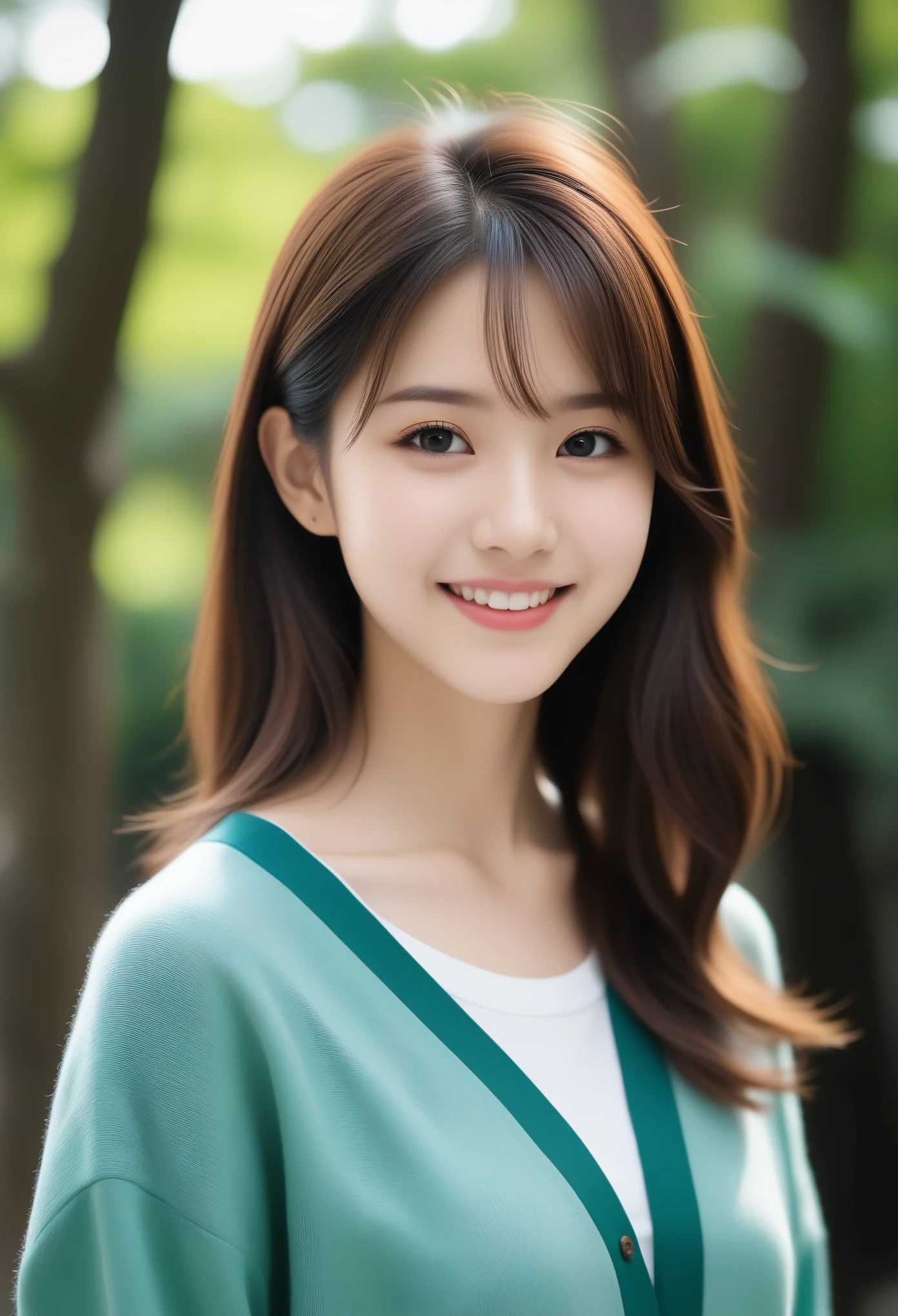8k, Ultra-high resolution, Highest quality, masterpiece, 三分割法によるphotograph,Surreal, photograph, 1 girl, (16 years old:1.3), pretty girl, Cute face, Beautiful eyes in every detail, 細かくdetailedに,masterpiece,, One Girl:1.2, Japan Female Announcer,Young Wife,Urban area,street tree,green,White shirt,cardigan,Summer knitwear,Full of cleanliness,A carefree smile,Healing the heart,Looking at the audience、beauty,Long neck、Laugh a little、Please close your mouth and laugh、(((Ideal body type))),A-cup small breasts :2,、Portraiture:2、Perfect Anatomy、鮮明なdetailed、detailed、Surreal、Light and shadow,Strong light 