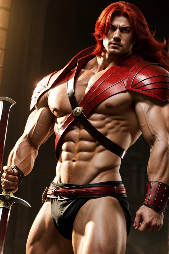Make me a very big muscular swordsman with red hair who has a very long sword and the style is anime manga
