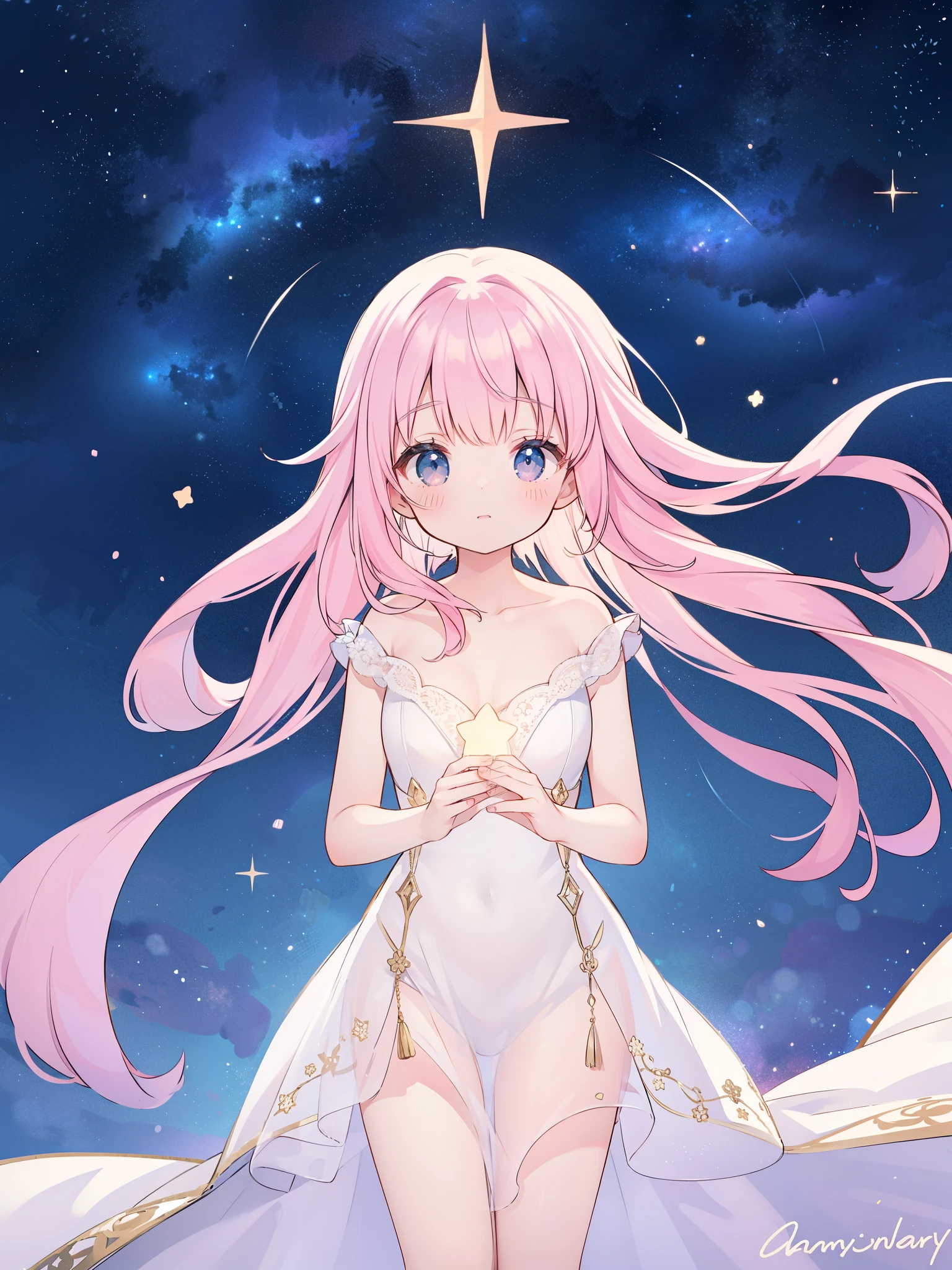 complex background, wishing star background, a woman wearing an ethereal mystical pink translucent dress that reflects the stars, dreamy, peaceful, serene composition, glowing stars, glowing, mystic, complex drawing, highly detailed, ethereal, starry night, midjourney style