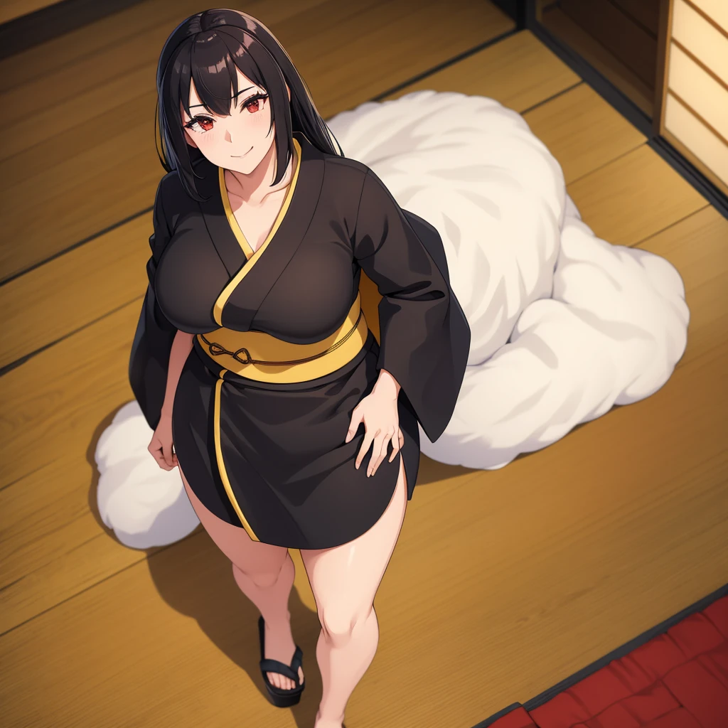 A woman wearing a black yukata with yellow details, long white fur cape, long black hair, red eyes, smiling, big breasts, standing, walking on the floor of a traditional Japanese house, perfect face, perfect eyes , traditional Japanese aesthetics. 8K HD. (solo woman),flower, UHD, masterpiece, accurate, anatomically correct, textured skin, super detail, high quality, best quality, 8k, high resolution, bokeh effect.
