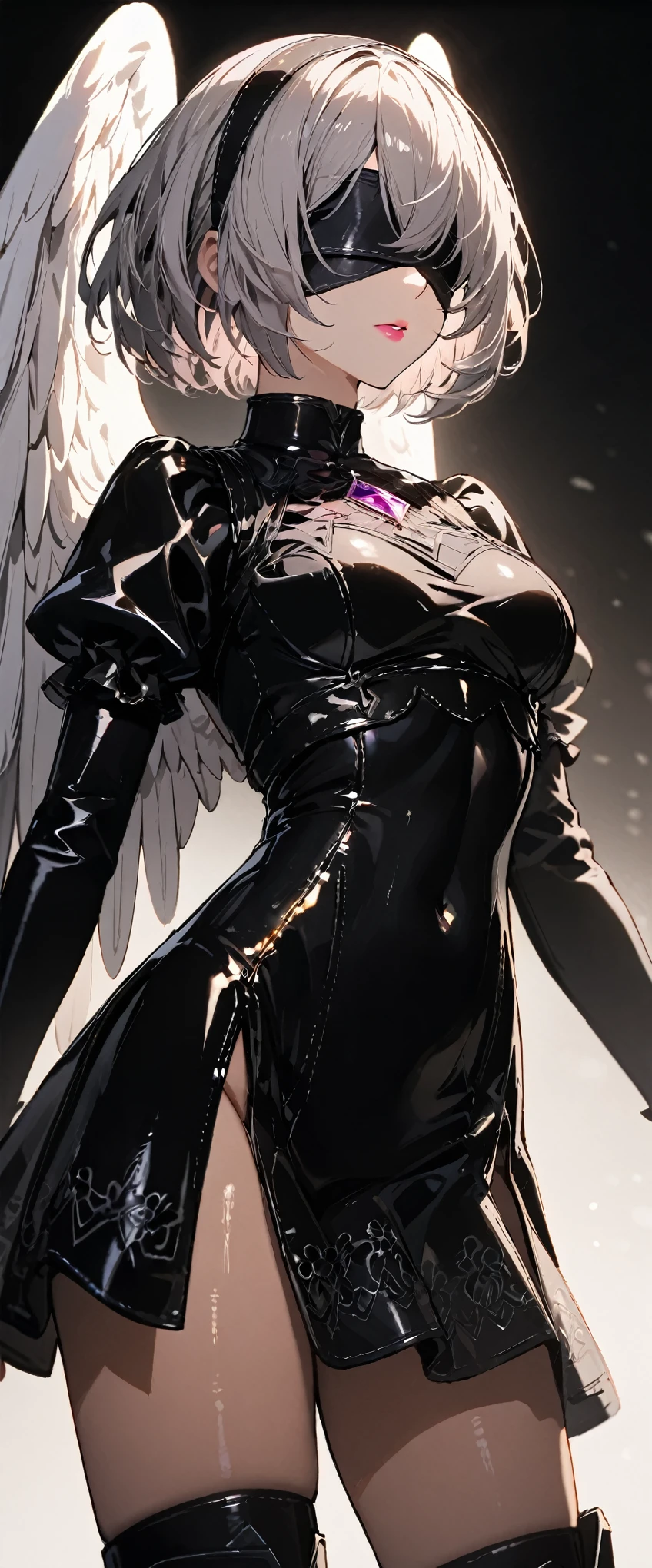 (One girl, alone, alone), (yorha no.2 Type B, 2B, One girl, alone, short hair, Gray Hair, hair band, Blindfold, eyes covered, black Blindfold), ((alone, (1 Female,Pink lipstick), Very detailed , Soft indirect lighting, 4K, Perfect Eyes, Perfect Face, Perfect lighting, The first girl)), ((Fitness, , Shapely body, huge firm bouncing bust)) , ((armor, Black Skirt, Black Swimsuit, Bodysuits, Gold Detail, gem, diamond, Emerald, sapphire, Ruby, amethyst, High heels, More Silver, Angel, Angelic, wing, Angel wing, Magi, fire, Casting a Spell, Shapely abdomen, Muscular abdomen))