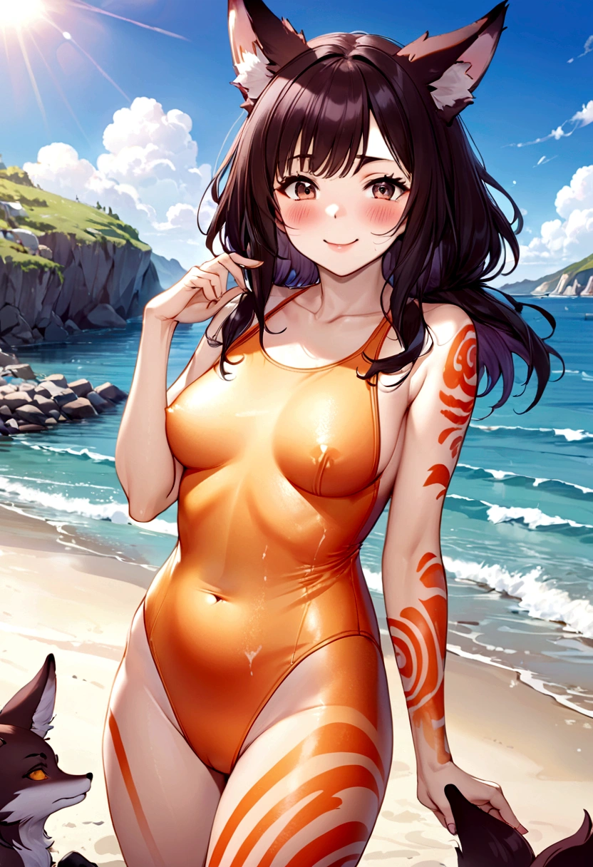 Hairy fox beast mother , Round face , (Tilt your face:1.1) , (Wink:1.2) , Moist, round eyes , Swollen cheeks , Estrus , Dark Hair , motherly smile , Glossy Lips , (nude) , (Body paint on tight fitting one piece swimsuit) , Sunny seaside , With the surprised beastmen