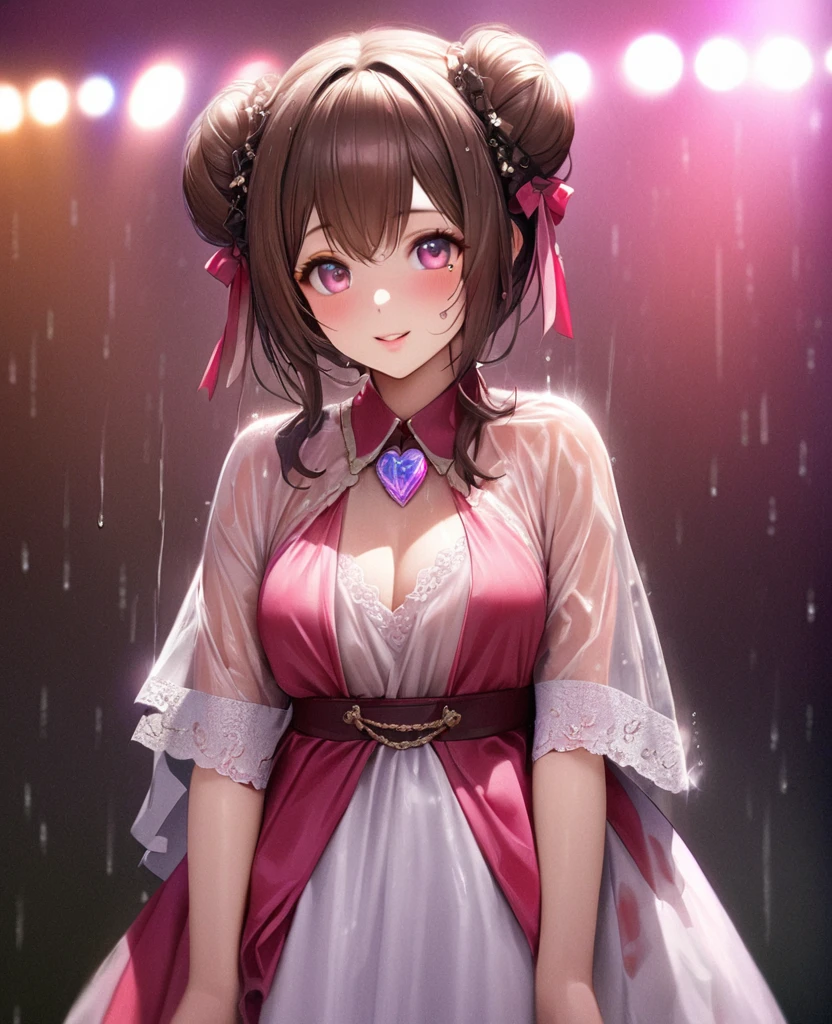 One Girl、Looking at the audience、lovely,
Beautiful pink eyes、Two brown double hair buns , Mole under the eye、Plump and glossy lips、Heart-shaped choca、Idol、Her name is May,smile、ー、。.。.。.。.。.。.。.。.。.。.。.。.。.。.。.。.。.。.3D、Realistic、
The idol's costume was soaked in the heavy rain, and her chest was wet and transparent.Heavy rain at outdoor concert, Drape clothes、gem、The decoration has been removed、Floral、Lace trim,On a glittering stage、
masterpiece、highest quality、8k、Detailed skin texture、Detailed cloth texture、Beautifully detailed face、Intricate details、Very detailed、
超A high resolution、8k Ultra HD、Film Grain、Best Shadow、delicate、Gazing at the audience、front