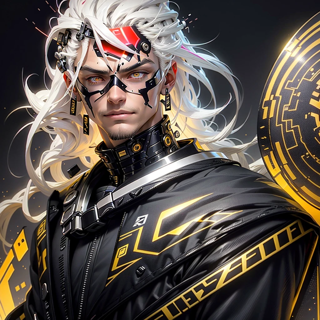 Generate an image of a detailed extreme close-up of a handsome cybernetic male angel , with long straight white hair and super fined detail radiant gold/black eyes color combination with intricate engraved golden marking on his face , smirking expression teeth expose a little, in super with black feather falling on his foreground high qaulity image, ultra detailed , 32k high resolution