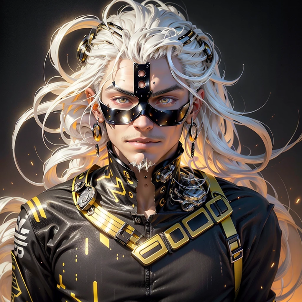 Generate an image of a detailed extreme close-up of a handsome cybernetic male angel , with long straight white hair and super fined detail radiant gold/black eyes color combination with intricate engraved golden marking on his face , smirking expression teeth expose a little, in super with black feather falling on his foreground high qaulity image, ultra detailed , 32k high resolution