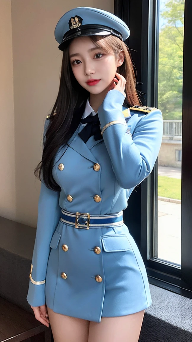 最high quality, masterpiece, 32k、Very detailed、Realistic、1 girl, Japanese women、Light blue military uniformのコスチューム、High-grade, futuristic, sexy costume, Light blue military uniform、US Army military uniform hat、Light blue military uniform、class seal、Wearing a light blue military uniform hat(military officer uniform hat), Cute face, (photo Actual:1.3),Edge lighting, (Skin with attention to detail:1.2), 8k超High resolution, Single-lens reflex camera, high quality, High resolution, 4K, 8k, Optimal ratio of four fingers to one thumb, (Actual:1.3), cute 1 girl, Realistic、Super Realistic、32k、Very detailed、masterpiece, 最high quality, beautiful girl, beauty、Gorgeous girl, Medium chest、Big Ass, Narrow waist, Leg spread, Plenty of facial detail, City of the Future, Super detailed, High resolution, masterpiece, high quality, High resolution,
