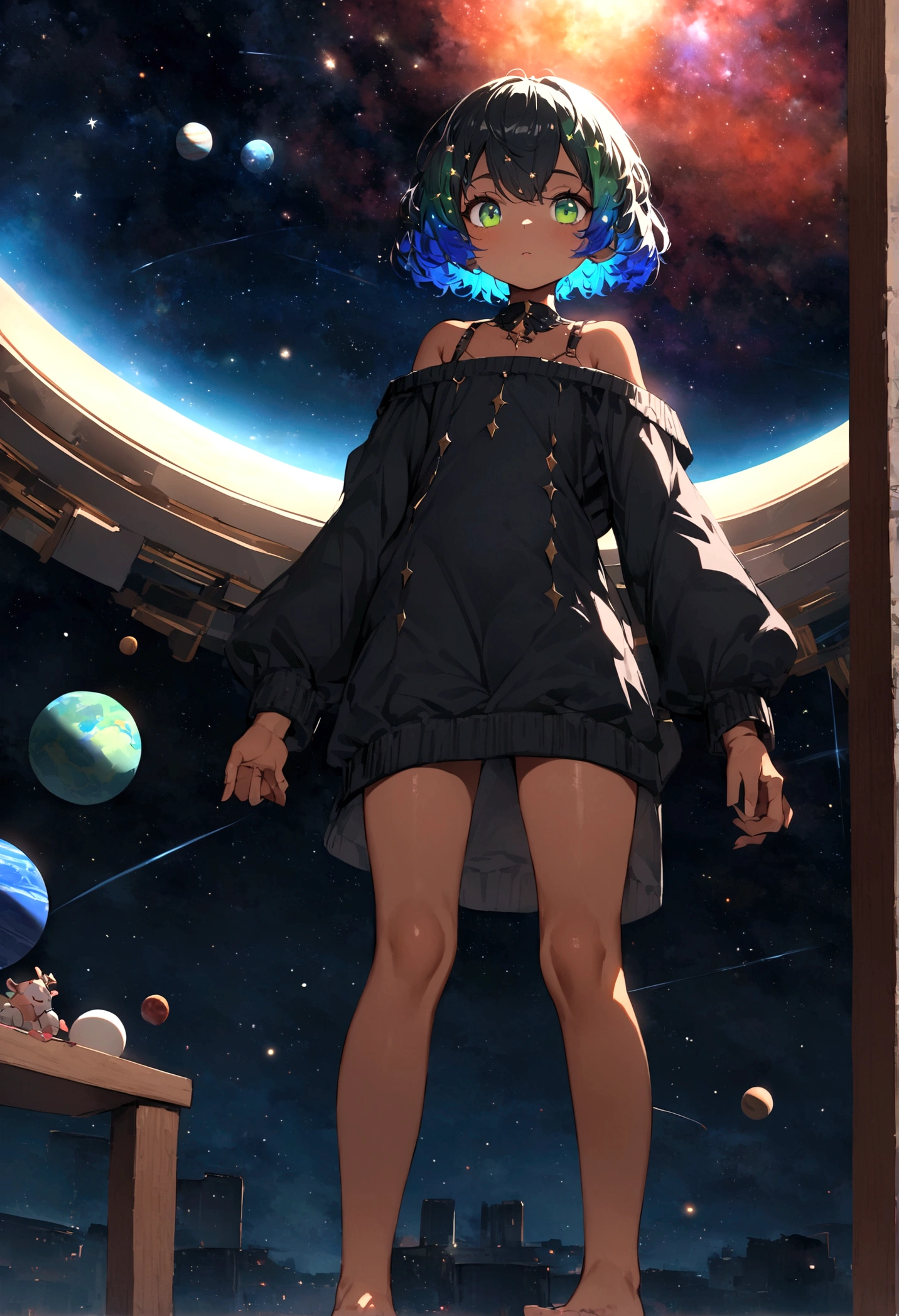 Sky, it's night, the night is full of stars, there are planets in the sky, bright colors, Incredible details, Loli, short hair, galaxy hair, green eyes, tanned, black sweater, bare legs,