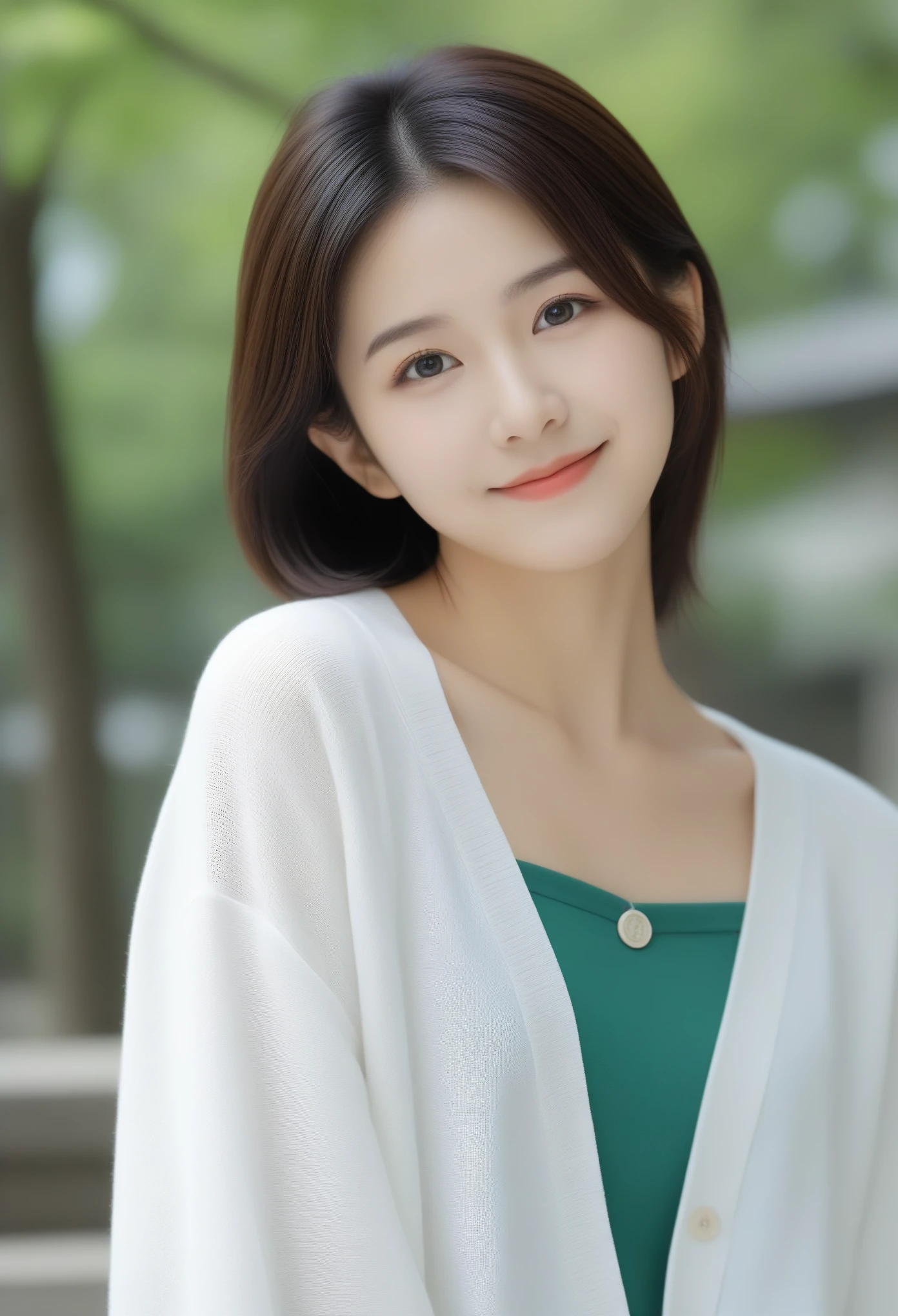 8k, Ultra-high resolution, Highest quality, masterpiece, 三分割法によるphotograph,Surreal, photograph, 1 girl, (16 years old:1.3), pretty girl, Cute face, Beautiful eyes in every detail, 細かくdetailedに,masterpiece,, One Girl:1.2, Japan Female Announcer,Young Wife,Urban area,street tree,green,White shirt,cardigan,Summer knitwear,Full of cleanliness,A carefree smile,Healing the heart,Looking at the audience、beauty,Long neck、Laugh a little、Please close your mouth and laugh、(((Ideal body type))),A-cup small breasts :2,、Portraiture:2、Perfect Anatomy、鮮明なdetailed、detailed、Surreal、Light and shadow,Strong light 