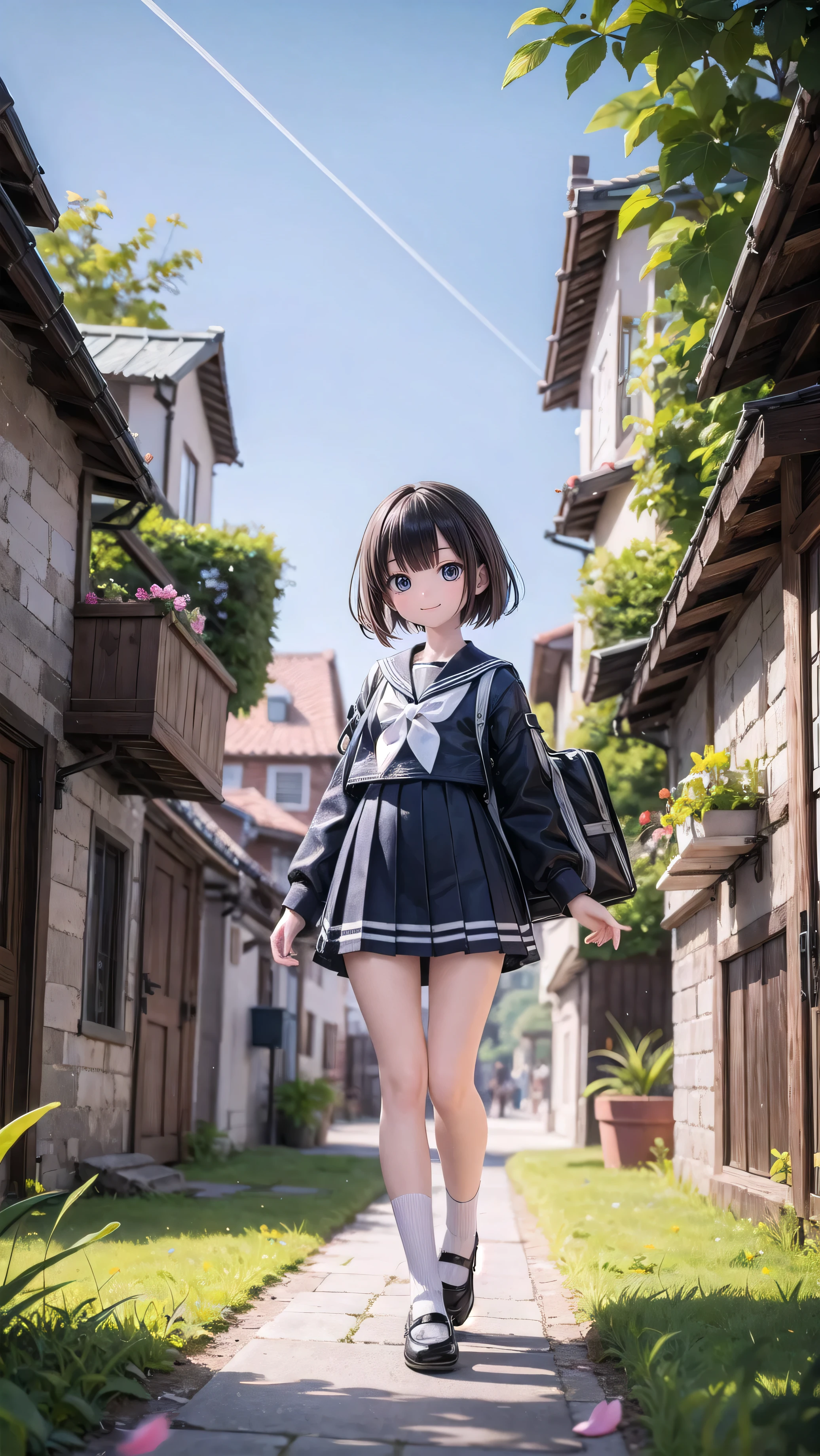 (masterpiece), town, blue sky, One girl, smile, alone, Sailor suit, Overgrown, petal, plant