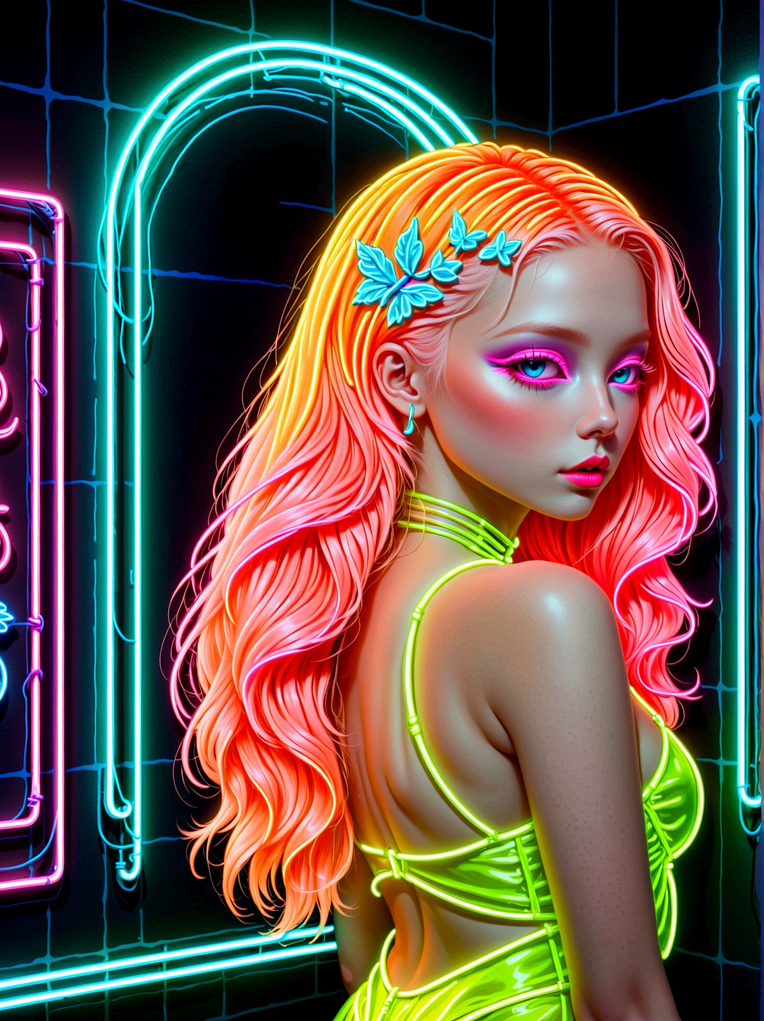 Neon, (发光的Neon玻璃制成的招牌)，透明Neon材质，Gloss，Refraction Details，Albino girl，长须Neon线水母在头上，Long hair doll，(发光Neon线制成的长裙:1.5)，Renaissance，Baroque，Psychedelic，romantic，neon palette, pale color, 1nhdg1