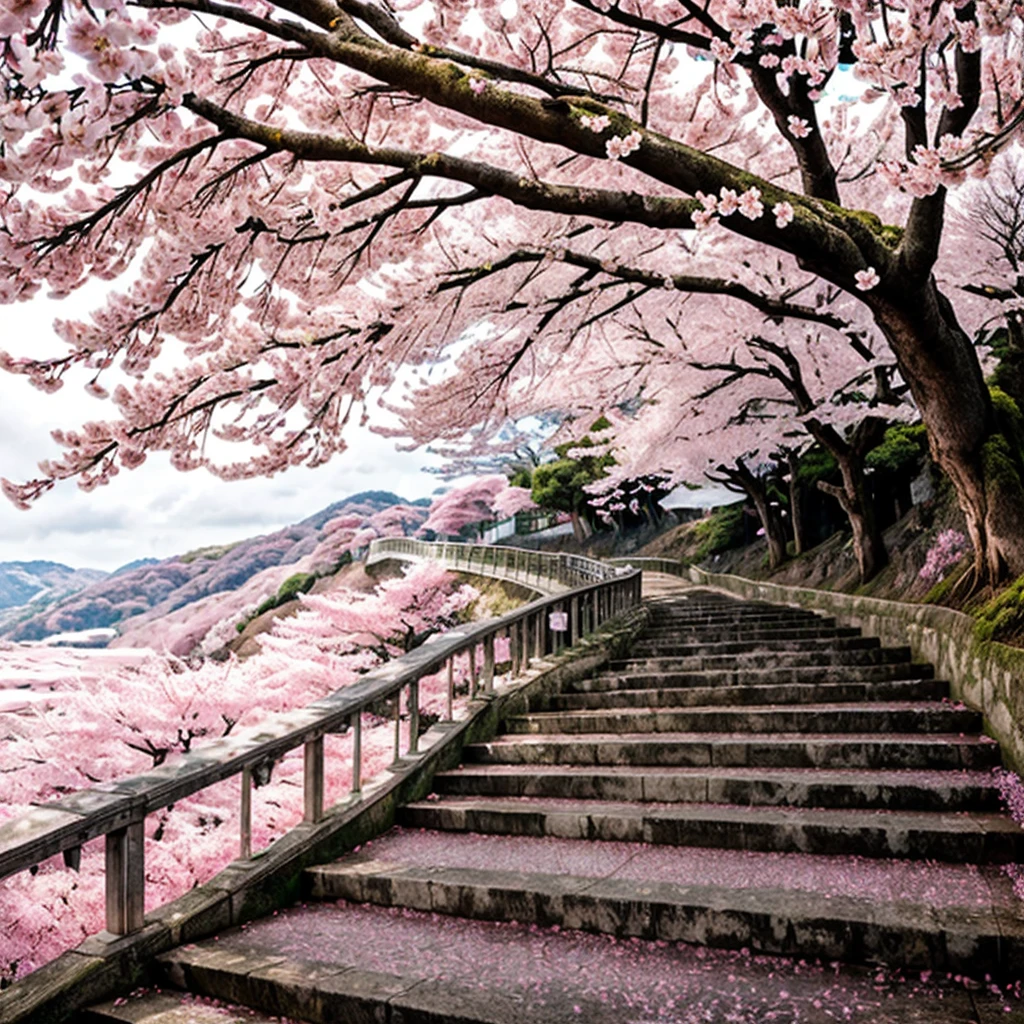 um close de um lance de escadas com flores cor de rosa, cherry trees, flourishing path to heaven, pink trees, Floresta de cerejeiras, sakura trees, fundos lindos, Natureza realmente linda, paisagem rosa, breath - taking beautiful trees, breath-taking beautiful trees, lush sakura trees, floresta rosa, anime linda cena de paz, beautiful trees