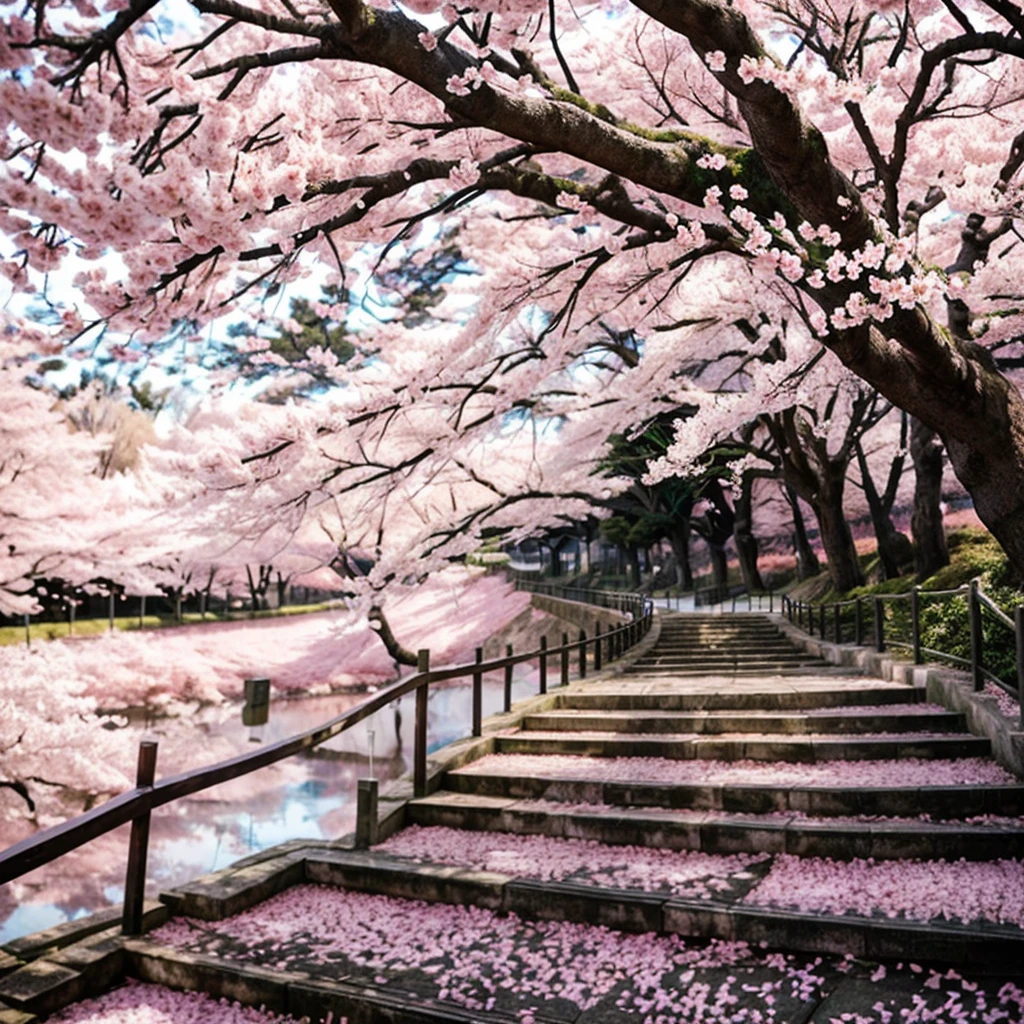 um close de um lance de escadas com flores cor de rosa, cherry trees, flourishing path to heaven, pink trees, Floresta de cerejeiras, sakura trees, fundos lindos, Natureza realmente linda, paisagem rosa, breath - taking beautiful trees, breath-taking beautiful trees, lush sakura trees, floresta rosa, anime linda cena de paz, beautiful trees