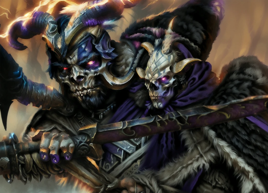 a beastman with horns, detailed bone armor, skull face paint, holding an ornate staff, wearing flowing purple robes, intricate fantasy character, highly detailed, 8k, masterpiece, cinematic lighting, dramatic shadows, vibrant colors, dark fantasy, moody atmosphere