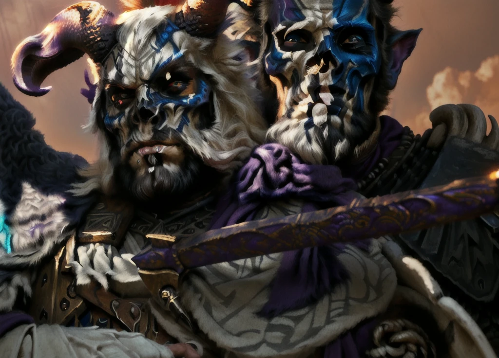 a beastman with horns, detailed bone armor, skull face paint, holding an ornate staff, wearing flowing purple robes, intricate fantasy character, highly detailed, 8k, masterpiece, cinematic lighting, dramatic shadows, vibrant colors, dark fantasy, moody atmosphere