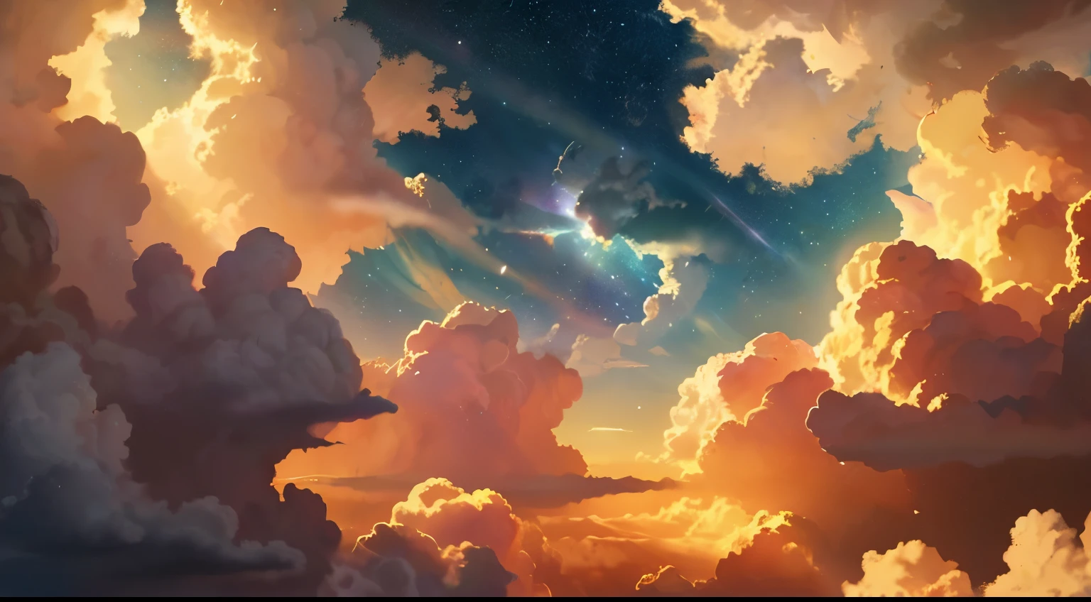 cloud are in the sky with a star shining above them, glowing cloud, atmospheric Fantasy sky, Dreamy sky, Fantasy puffy sky, dreamy cloud, cloud. Fantasy, baroque painting. Starry sky, wlop and rhads, on cosmic cloudcape, Dreamy digital painting, Space Sky, Old Sky, space cloud, Dreamy atmosphere, A dreamlike night, Dreamy Art