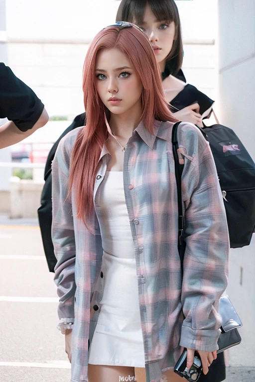 young woman, short shoulder-length pink hair, wide forehead, porcelain skin, pink eyebrows, big emerald green eyes, buttoned nose, full lips, heart-shaped face, slender body, small breasts, red tank top, Sakura Haruno , realistic, realism, details, 3d, well detailed
