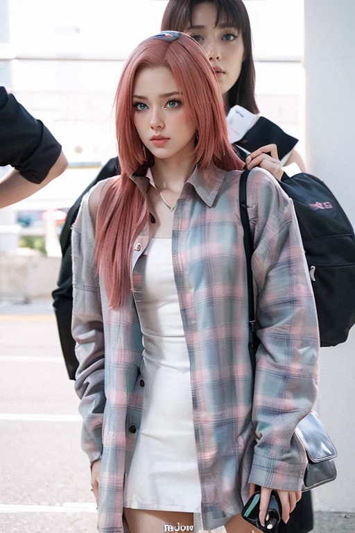 young woman, short shoulder-length pink hair, wide forehead, porcelain skin, pink eyebrows, big emerald green eyes, buttoned nose, full lips, heart-shaped face, slender body, small breasts, red tank top, Sakura Haruno , realistic, realism, details, 3d, well detailed
