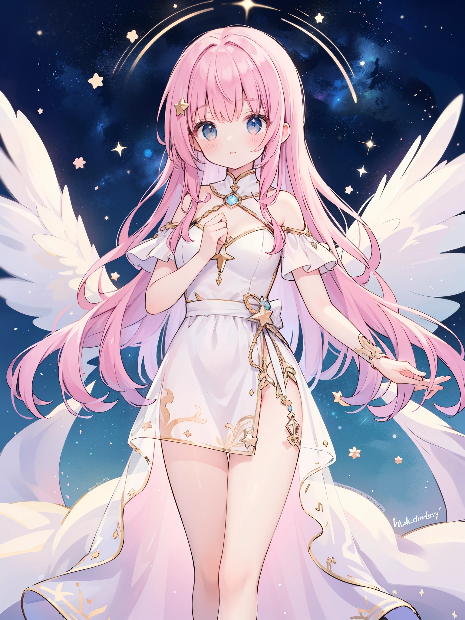 complex background, wishing star background, a woman wearing an ethereal mystical pink translucent dress that reflects the stars, dreamy, peaceful, serene composition, glowing stars, glowing, mystic, complex drawing, highly detailed, ethereal, starry night, midjourney style
