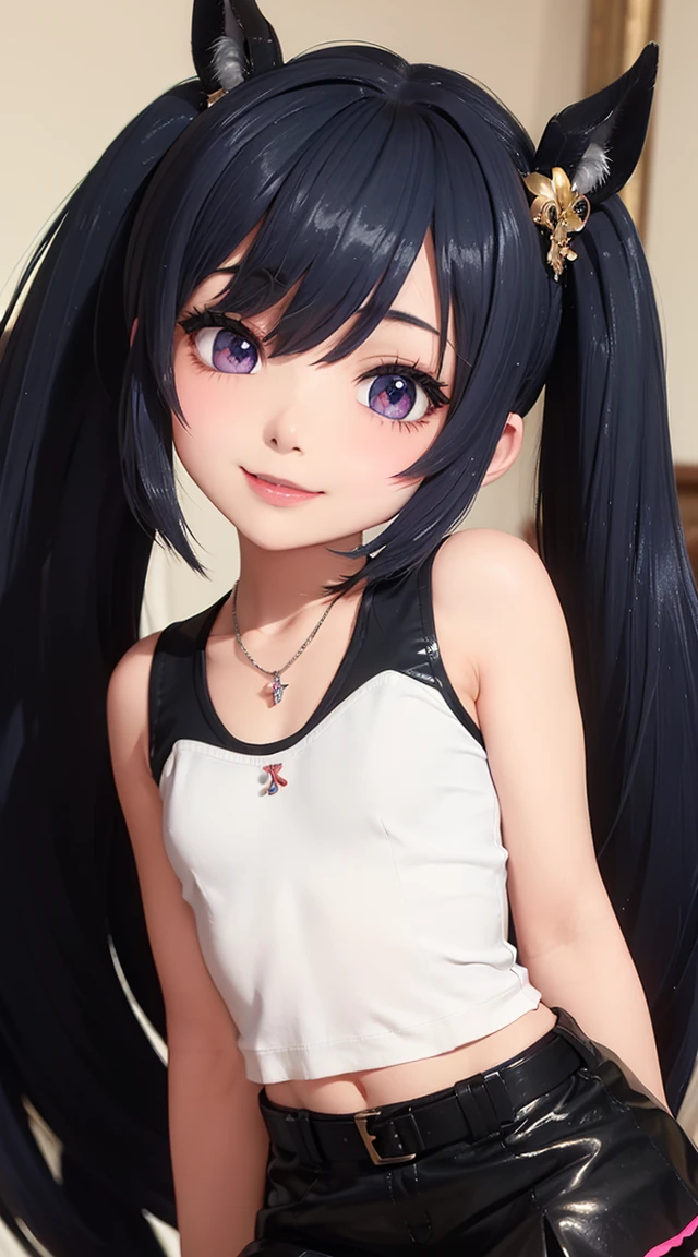 (masterpiece:1.3), (Best Quality:1.3), (Ultra-detailed:1.2), ((kawaii)), Cute, (lovely), ((sexy)), ((Extremely detailed)), 4K, (8K), Best Quality, (Beautiful), Illustration, anime style, (bold line:1.2), Gradation, looking at viewer, //, (bent down:1.1), (arms behind back), //, a cute girl, 1girl, (solo:1.2), gleaming skin, //, (flat chested), (Perfect eyes:1.2), (Perfect iris:1.2), //, darkblue hair color, (beautiful eyes) //, (half closed eyes:1.3), (sexual expression:1.2), Fascinated expression, smile, (blush:1.2), //, modern city background, on rock, twin tails, muscle girl, hard abs, exposed abs, NECKLACE, tight blouse, skirt