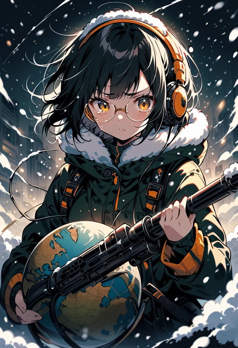 (extremely detailed fine touch:1.3), kawaii girl, (super very black short hair:1.3), (yellow glasses:1.3), underrim_metal, headphones, globe, holding a rifle, falling snow, tearful, serious atmosphere, (snow:1.3)