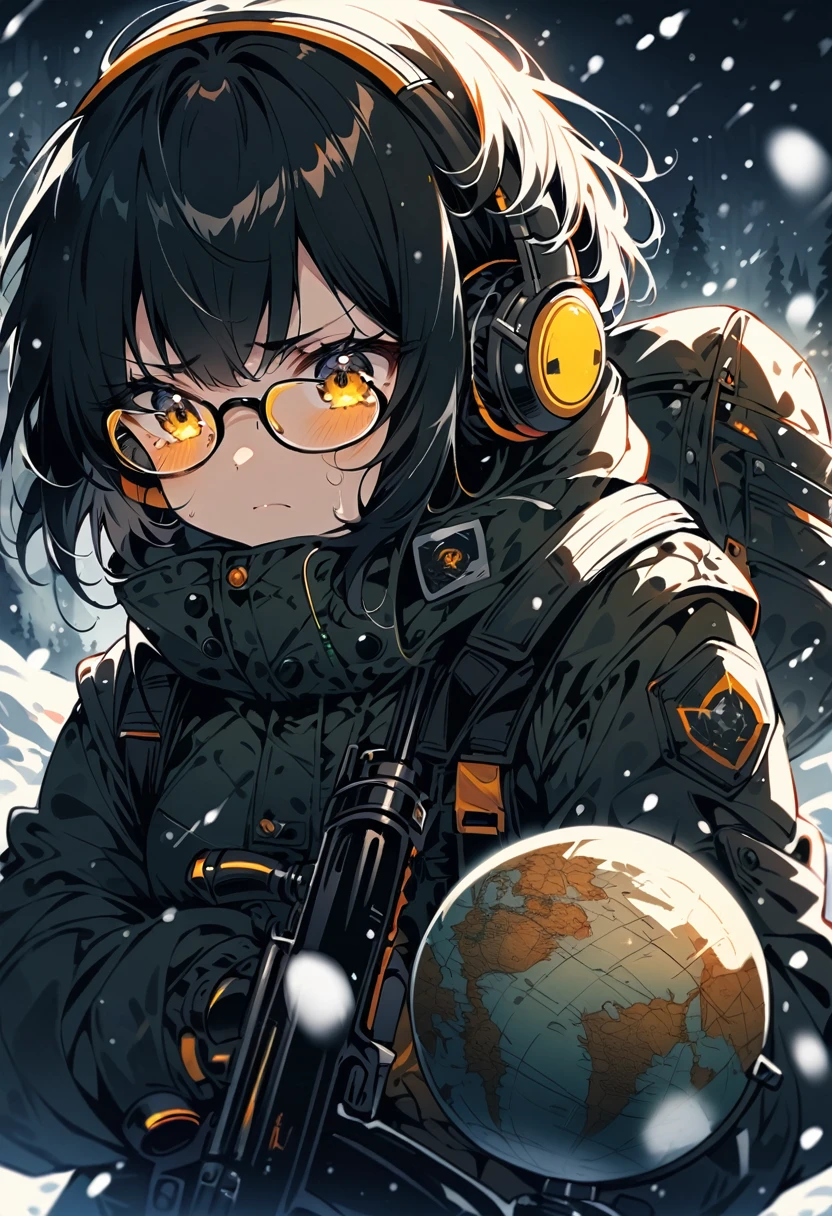(extremely detailed fine touch:1.3), kawaii girl, (super very black short hair:1.3), (yellow glasses:1.3), underrim_metal, headphones, globe, holding a rifle, falling snow, tearful, serious atmosphere, (snow:1.3)