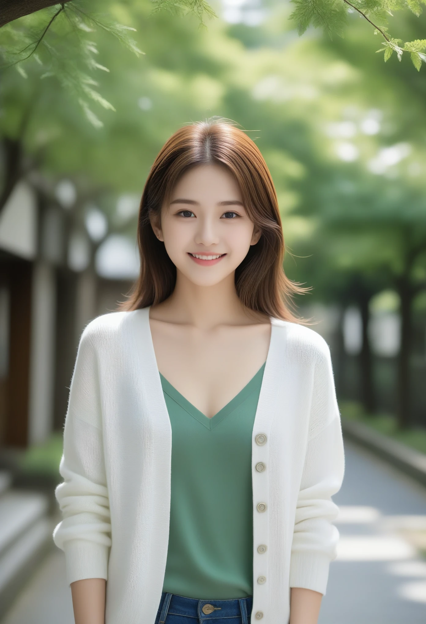 8k, Ultra-high resolution, Highest quality, masterpiece, 三分割法によるphotograph,Surreal, photograph, 1 girl, (:1.3), pretty girl, Cute face, Beautiful eyes in every detail, 細かくdetailedに,masterpiece,, One Girl:1.2, Japan Female Announcer,Young Wife,Urban area,street tree,green,White shirt,cardigan,Summer knitwear,Full of cleanliness,A carefree smile,Healing the heart,Looking at the audience、beauty,Long neck、Laugh a little、Please close your mouth and laugh、(((Ideal body type))),A-cup small breasts :2,、Portraiture:2、Perfect Anatomy、鮮明なdetailed、detailed、Surreal、Light and shadow,Strong light