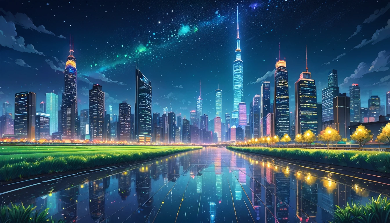 Pastel tones、Colored pencil drawing、Beautiful city night view illustration。Skyscrapers and neon lights can be seen in the distance.、The stars are twinkling in the night sky。The city lights sparkle and reflect、Fantastic atmosphere。The overall color scheme is calm.、A vast night view that spreads across the entire field of vision、It has a charm that makes you want to look at it for hours.。The reflection of light on the rain-soaked roads and river surface is also beautiful.、A landscape that soothes the soul、lofi