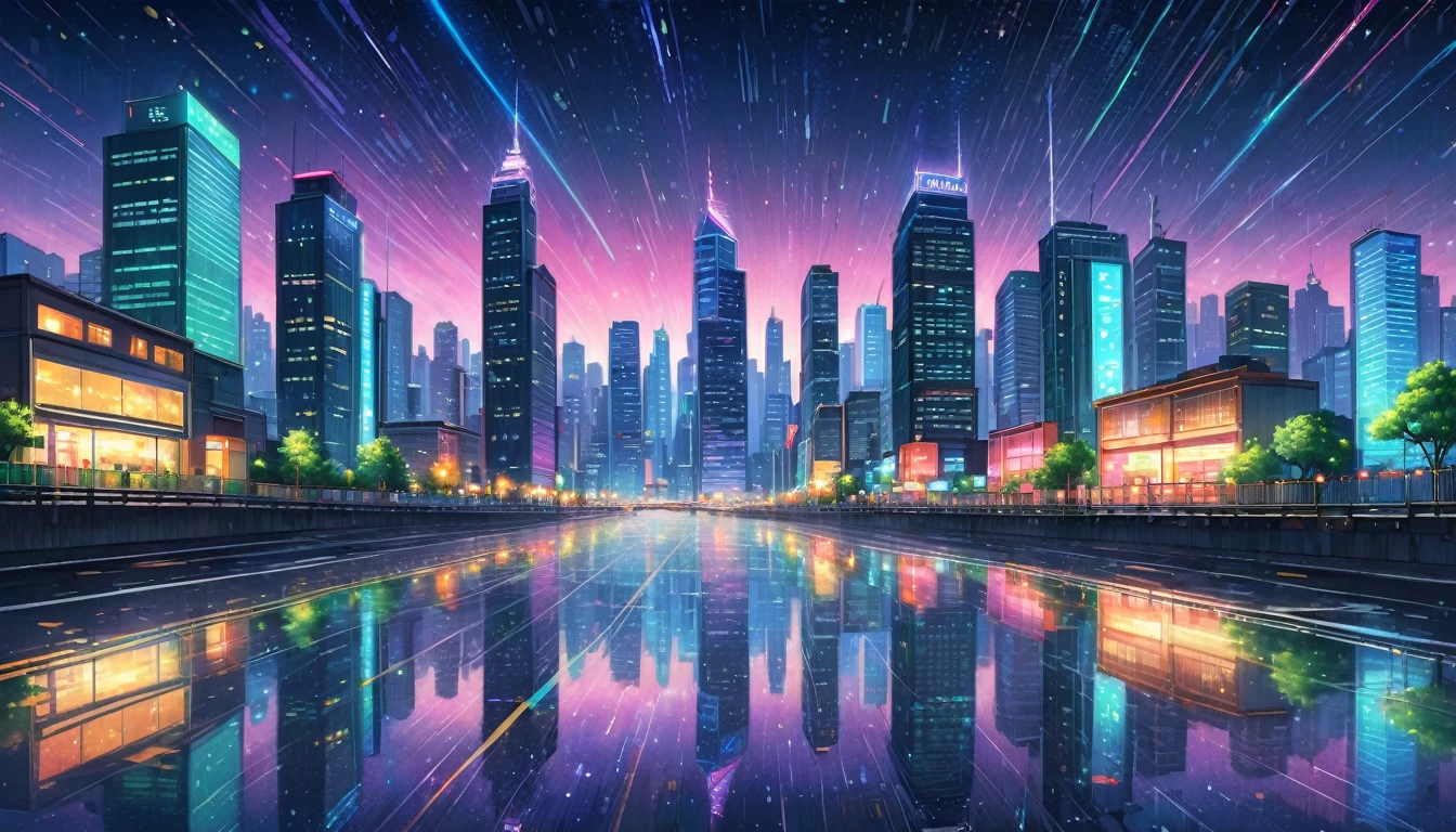 Pastel tones、Colored pencil drawing、Beautiful city night view illustration。Skyscrapers and neon lights can be seen in the distance.、The stars are twinkling in the night sky。The city lights sparkle and reflect、Fantastic atmosphere。The overall color scheme is calm.、A vast night view that spreads across the entire field of vision、It has a charm that makes you want to look at it for hours.。The reflection of light on the rain-soaked roads and river surface is also beautiful.、A landscape that soothes the soul、lofi